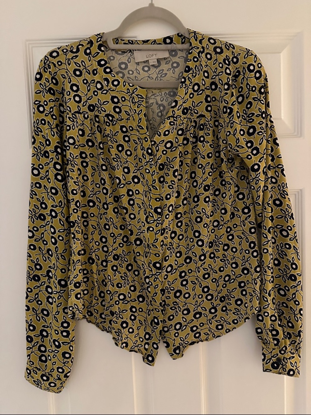 LOFT Yellow and Navy Floral-Print Long Sleeve Blouse